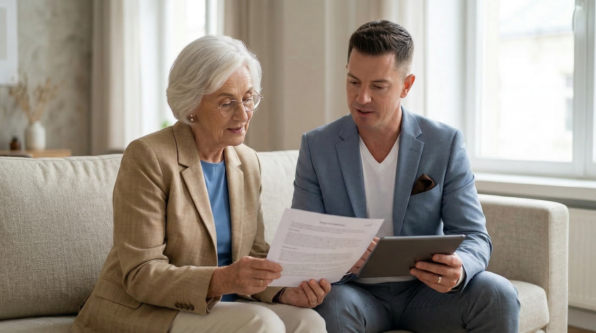 Real estate agent speaking with senior homeowners about downsizing and housing decisions