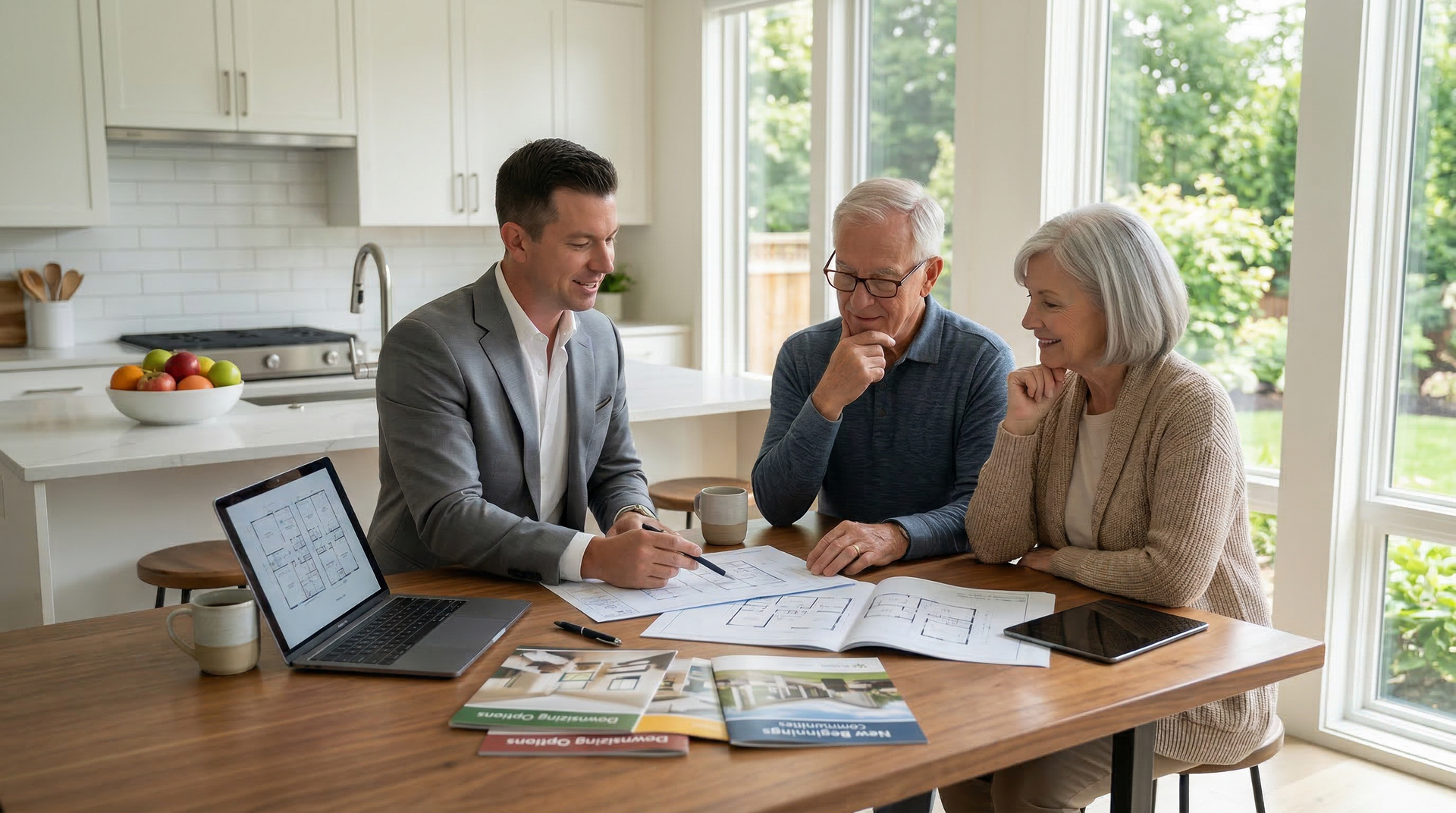 Senior homeowner and real estate agent discussing downsizing options while reviewing housing plans at a kitchen table