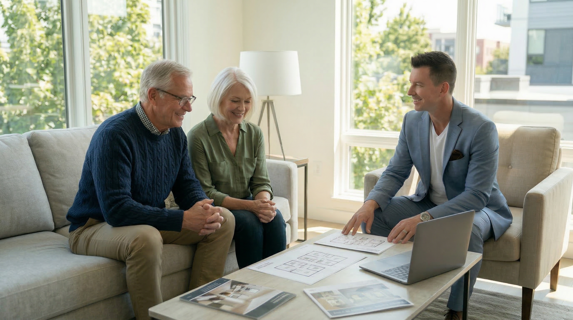 Real estate agent reviewing home sale options with a senior homeowner in a living room