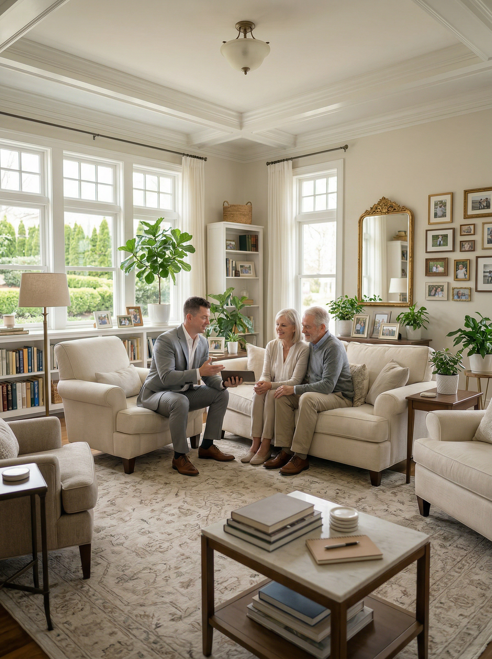 Al Pratte, real estate agent, sitting with senior couple discussing their real estate options.